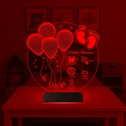 Bebek Odası Hediye Balonlu Doğum Hediyesi Kişiye Özel 3D Lamba - Masa Gece Lambası