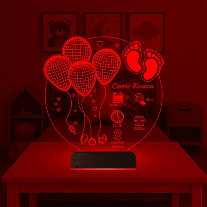 Bebek Odası Hediye Balonlu Doğum Hediyesi Kişiye Özel 3D Lamba - Masa Gece Lambası