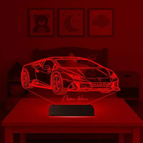 Plakalı Spor Araba Otomobil Tasarım Kişiye Özel 3D Lamba - Masa Gece Lambası