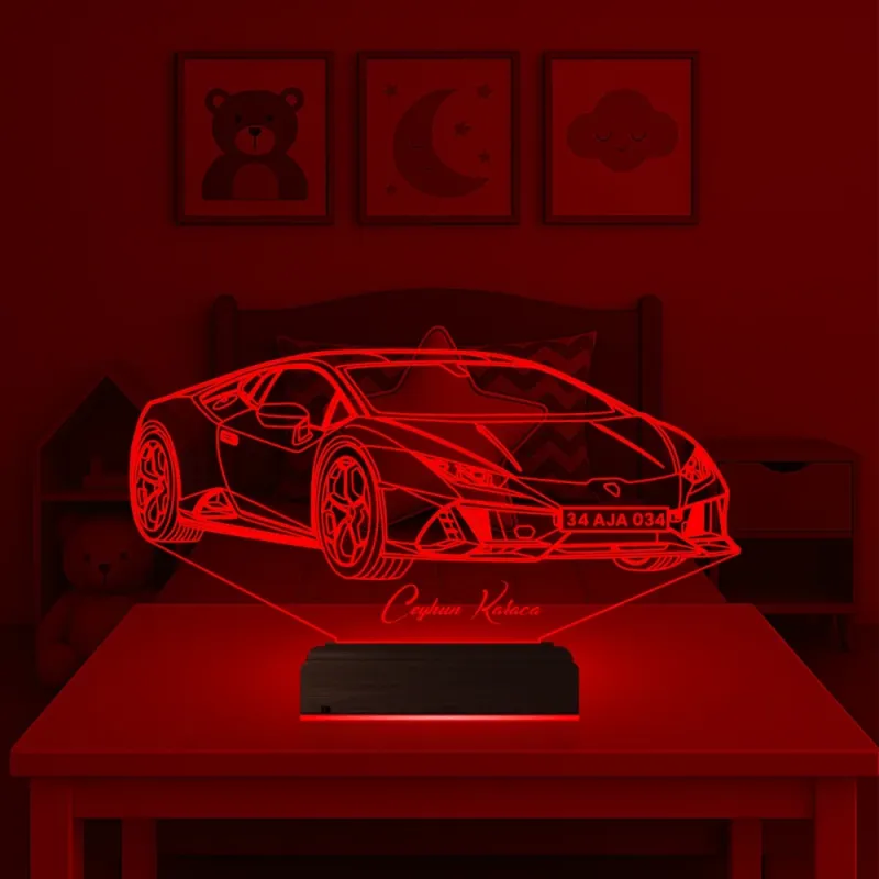 Plakalı Spor Araba Otomobil Tasarım Kişiye Özel 3D Lamba - Masa Gece Lambası