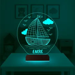 Çocuk Odası Hediye Gemi Yelkenli Kişiye Özel 3D Lamba - Masa Gece Lambası