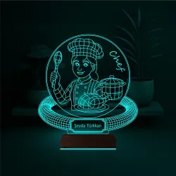 Chef Şef Aşçı Kadın Kişiye Özel 3D Lamba - Masa Gece Lambası