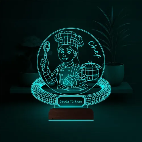Chef Şef Aşçı Kadın Kişiye Özel 3D Lamba - Masa Gece Lambası