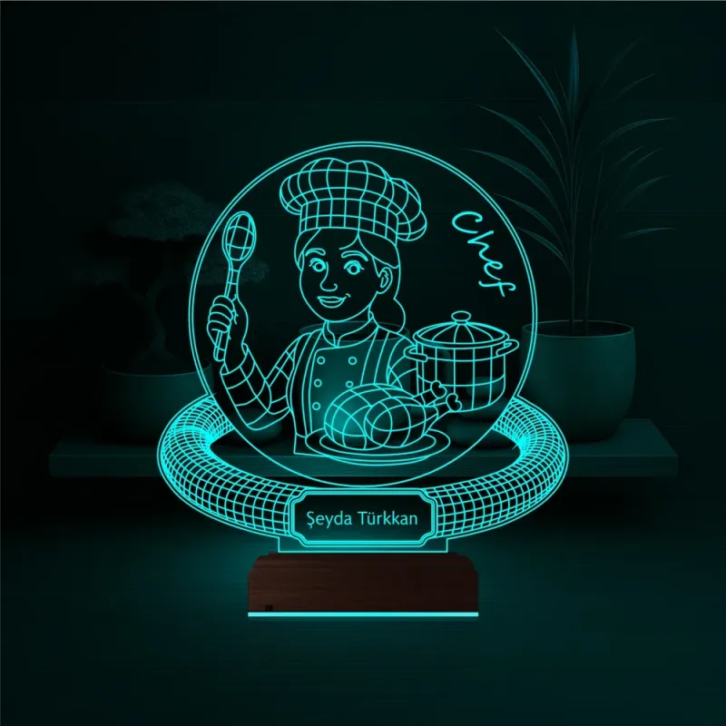 Chef Şef Aşçı Kadın Kişiye Özel 3D Lamba - Masa Gece Lambası