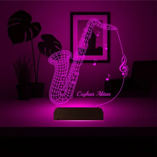 Saksafon Müzik Nota Enstrüman Kişiye Özel 3D Lamba - Masa Gece Lambası