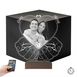 Kalp Sevgiliye Hediye Fotoğraflı Metal Saatli 3D Lamba - Masa Gece Lambası