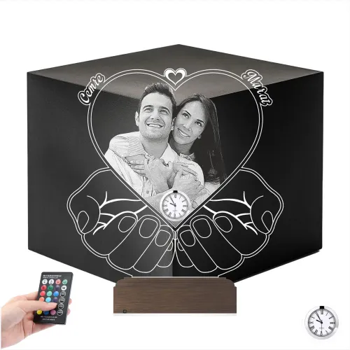 Kalp Sevgiliye Hediye Fotoğraflı Metal Saatli 3D Lamba - Mas…