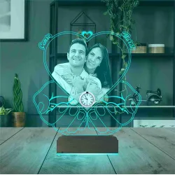 Kalp Sevgiliye Hediye Fotoğraflı Metal Saatli 3D Lamba - Masa Gece Lambası