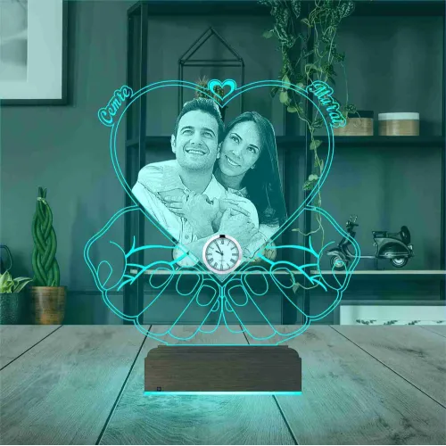 Kalp Sevgiliye Hediye Fotoğraflı Metal Saatli 3D Lamba - Mas…