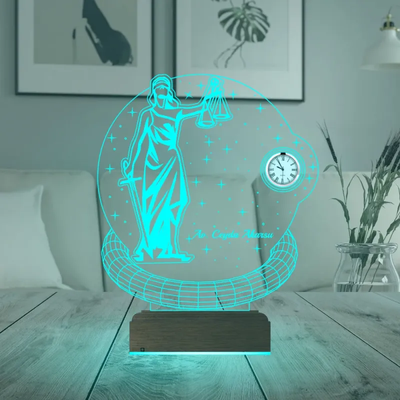 Avukata Hediye Hukuk Terazi Adalet Kadın Kişiye Özel Metal Saatli 3D Lamba - Masa Gece Lambası