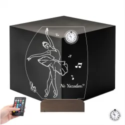 Balerin Hediye Bale Nota Tasarım Kişiye Özel Metal Saatli 3D Lamba - Masa Gece Lambası
