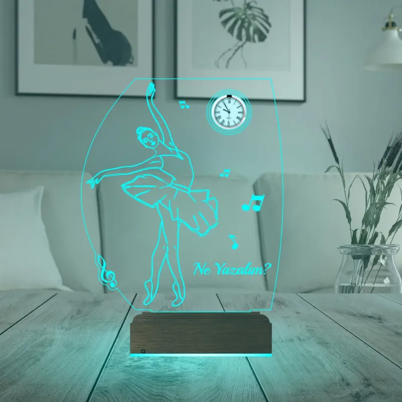 Balerin Hediye Bale Nota Tasarım Kişiye Özel Metal Saatli 3D Lamba - Masa Gece Lambası