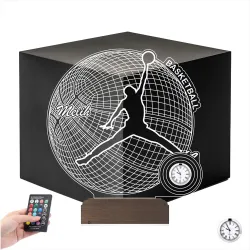 Basketbol Top Jordan Nba Tasarımlı Basketçi Hediye Kişiye Özel Metal Saatli 3D Lamba - Masa Gece Lambası