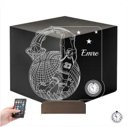 Basketbolcu Basket Topu Spor Kişiye Özel Metal Saatli 3D Lamba - Masa Gece Lambası