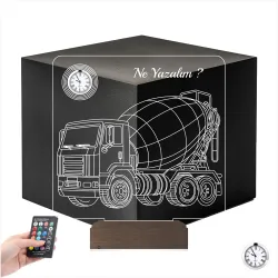 Kamyon Beton Mikseri İnşaat Kişiye Özel Metal Saatli 3D Lamba - Masa Gece Lambası
