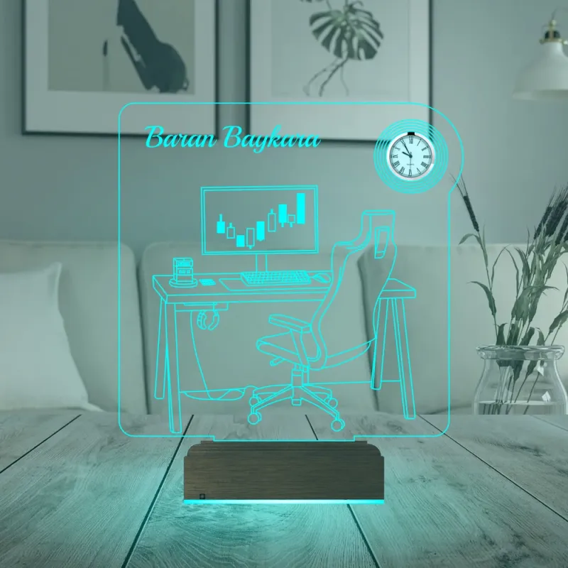 Bilgisayar Trader Borsacı Broker Kişiye Özel Metal Saatli 3D Lamba - Masa Gece Lambası