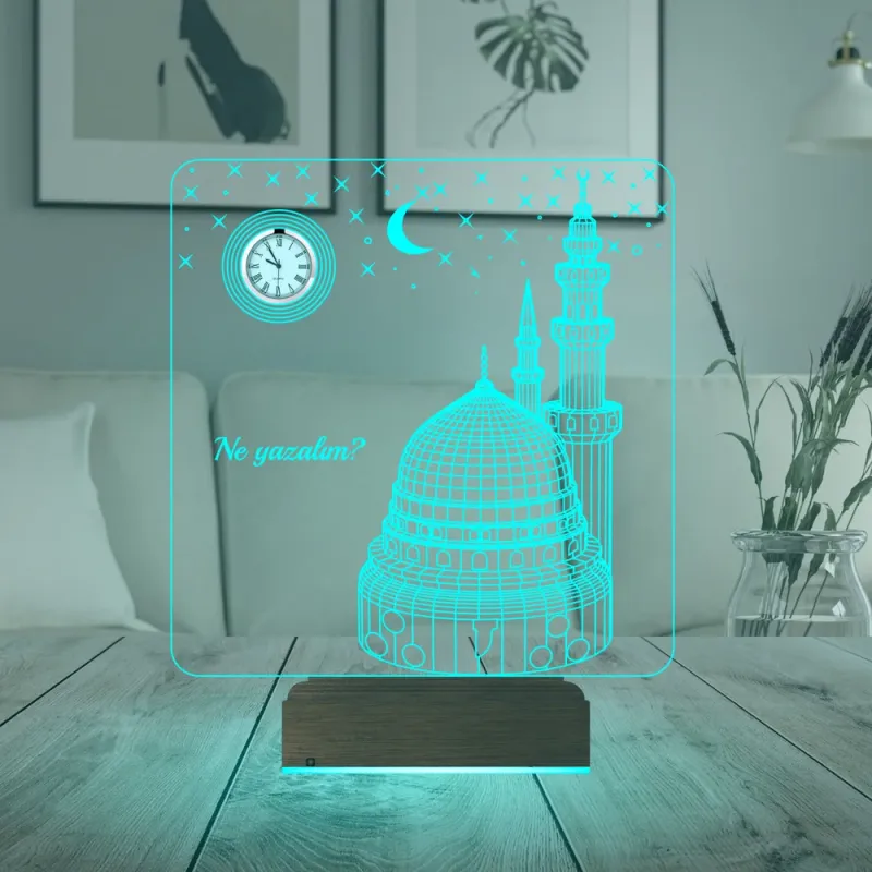 Cami Tasarımlı Kişiye Özel Metal Saatli 3D Lamba - Masa Gece Lambası