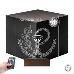 Eczacı Hediye Eczane Logolu Kişiye Özel Metal Saatli 3D Lamba - Masa Gece Lambası