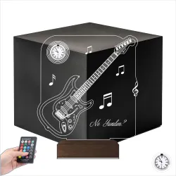 Elektro Gitar Müzik Nota Müzisyen Kişiye Özel Metal Saatli 3D Lamba - Masa Gece Lambası