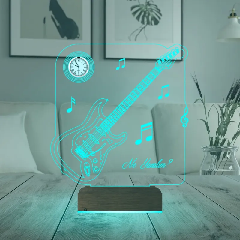 Elektro Gitar Müzik Nota Müzisyen Kişiye Özel Metal Saatli 3D Lamba - Masa Gece Lambası