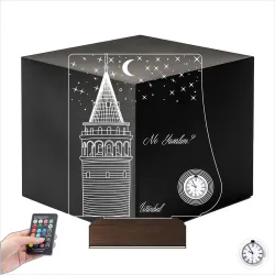 İstanbul Galata Kulesi Kişiye Özel Metal Saatli 3D Lamba - Masa Gece Lambası