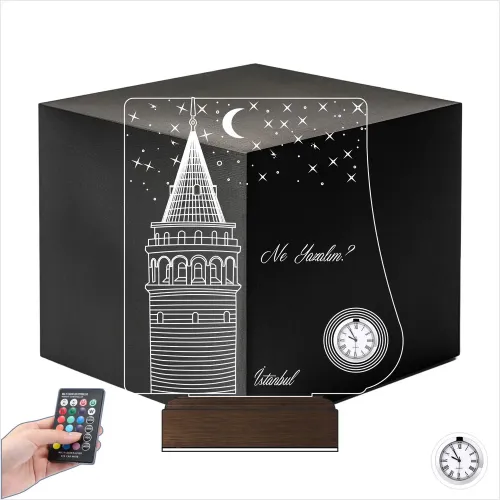 İstanbul Galata Kulesi Kişiye Özel Metal Saatli 3D Lamba - M…