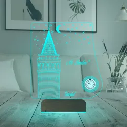 İstanbul Galata Kulesi Kişiye Özel Metal Saatli 3D Lamba - Masa Gece Lambası