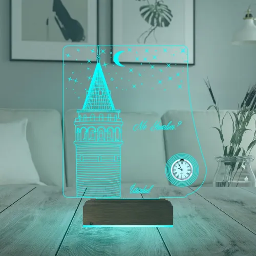 İstanbul Galata Kulesi Kişiye Özel Metal Saatli 3D Lamba - M…