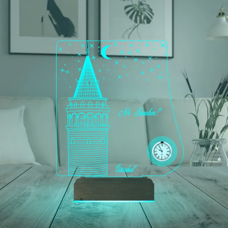 İstanbul Galata Kulesi Kişiye Özel Metal Saatli 3D Lamba - Masa Gece Lambası