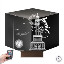 İzmir Saat Kulesi Atatürk Tasarım Kişiye Özel Metal Saatli 3D Lamba - Masa Gece Lambası