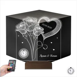 Gül Kalp Sevgiliye Hediye Kişiye Özel Metal Saatli 3D Lamba - Masa Gece Lambası