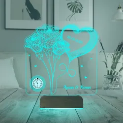 Gül Kalp Sevgiliye Hediye Kişiye Özel Metal Saatli 3D Lamba - Masa Gece Lambası