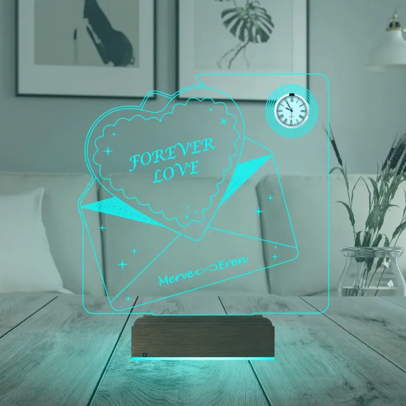 Kalp Forever Love Sevgiliye Hediye Zarf Mesajlı Kişiye Özel Metal Saatli 3D Lamba - Masa Gece Lambası