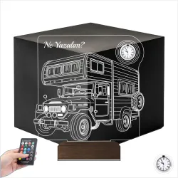 Karavan Kamp Kamping Outdoor Tasarım Kişiye Özel Metal Saatli 3D Lamba - Masa Gece Lambası
