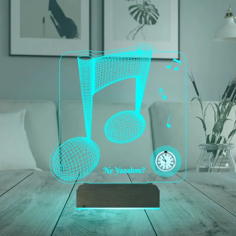Müzisyen Hediye Müzik Nota Kişiye Özel Metal Saatli 3D Lamba - Masa Gece Lambası