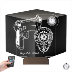 Polis Logo Tasarımlı Hediye Kişiye Özel Metal Saatli 3D Lamba - Masa Gece Lambası