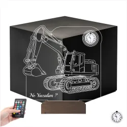Ekskavatör Kepçe İş Makinesi Kişiye Özel Metal Saatli 3D Lamba - Masa Gece Lambası