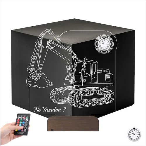 Ekskavatör Kepçe İş Makinesi Kişiye Özel Metal Saatli 3D Lam…