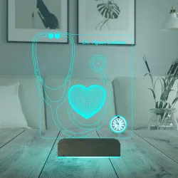 Doktora Hediye Steteskop Kişiye Özel Metal Saatli 3D Lamba - Masa Gece Lambası