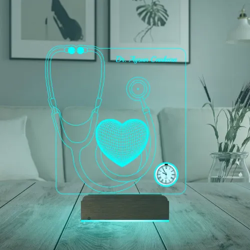 Doktora Hediye Steteskop Kişiye Özel Metal Saatli 3D Lamba -…