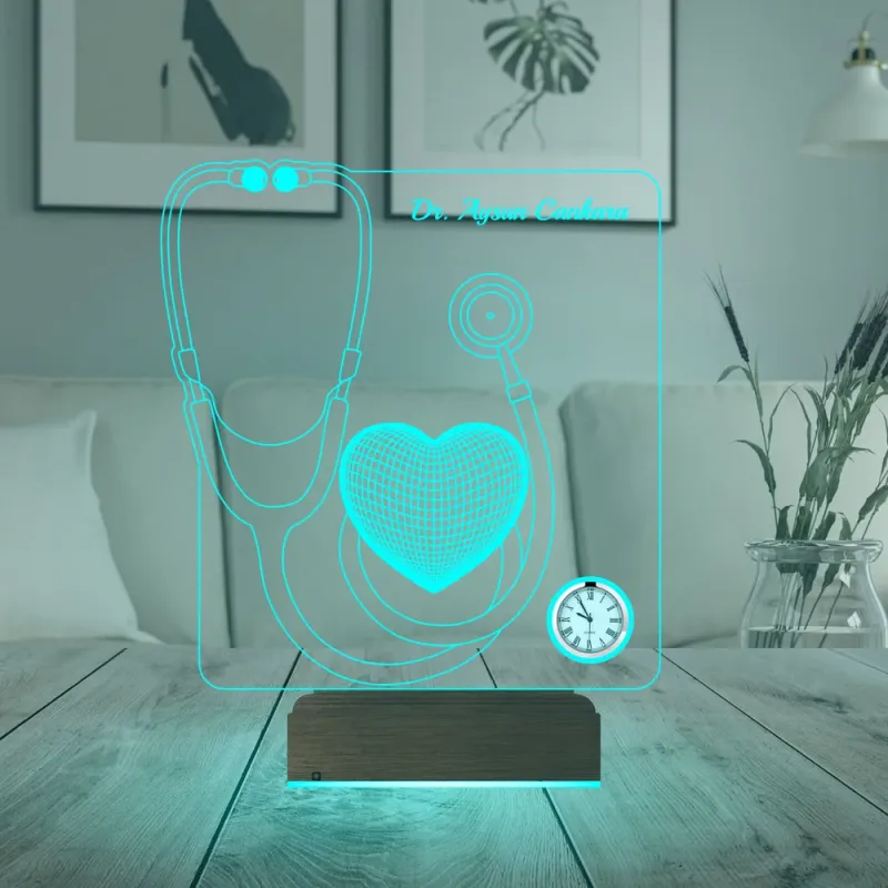 Doktora Hediye Steteskop Kişiye Özel Metal Saatli 3D Lamba - Masa Gece Lambası