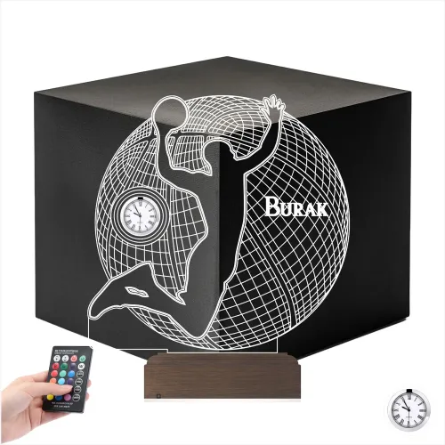 Basketbol Basket Topu Kişiye Özel Metal Saatli 3D Lamba - Ma…