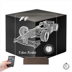 Formula 1 F1 Yarış Arabası Tasarım Kişiye Özel Metal Saatli 3D Lamba - Masa Gece Lambası