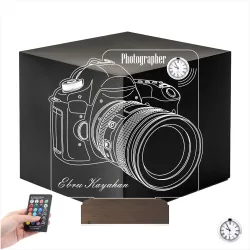 Fotoğraf Makinesi SLR Fotoğrafçı Kişiye Özel Metal Saatli 3D Lamba - Masa Gece Lambası