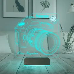 Fotoğraf Makinesi SLR Fotoğrafçı Kişiye Özel Metal Saatli 3D Lamba - Masa Gece Lambası