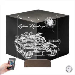 Tank Asker Hediye Tankçı Kişiye Özel Metal Saatli 3D Lamba - Masa Gece Lambası