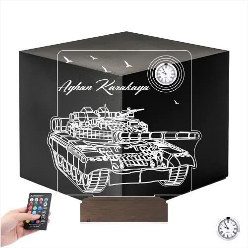 Tank Asker Hediye Tankçı Kişiye Özel Metal Saatli 3D Lamba -…