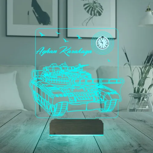 Tank Asker Hediye Tankçı Kişiye Özel Metal Saatli 3D Lamba -…