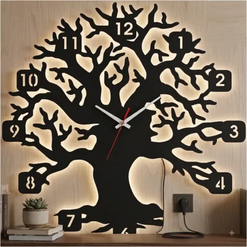 AĞAÇ TEMALI RGB Uzaktan Kumandalı 40x40cm Siyah MDF Duvar Sa…