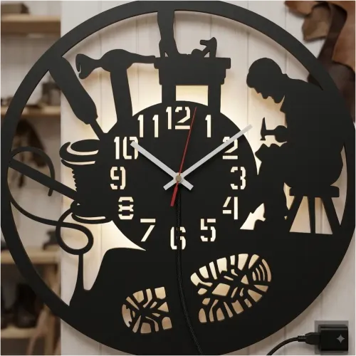 AYAKKABI TAMİRCİSİ TEMALI RGB Uzaktan Kumandalı 40x40cm Siyah MDF Duvar Saati